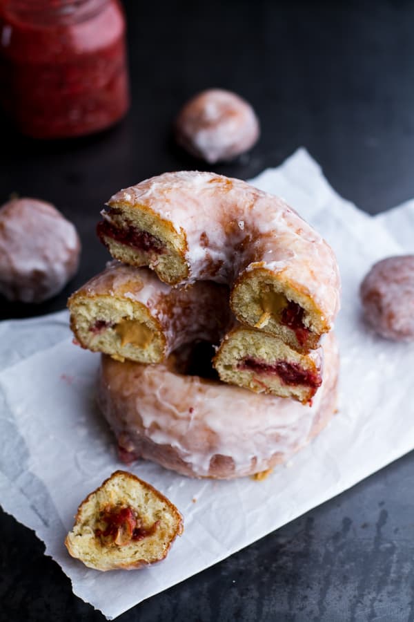 Glazed Strawberry Rhubarb Jelly Doughnuts
