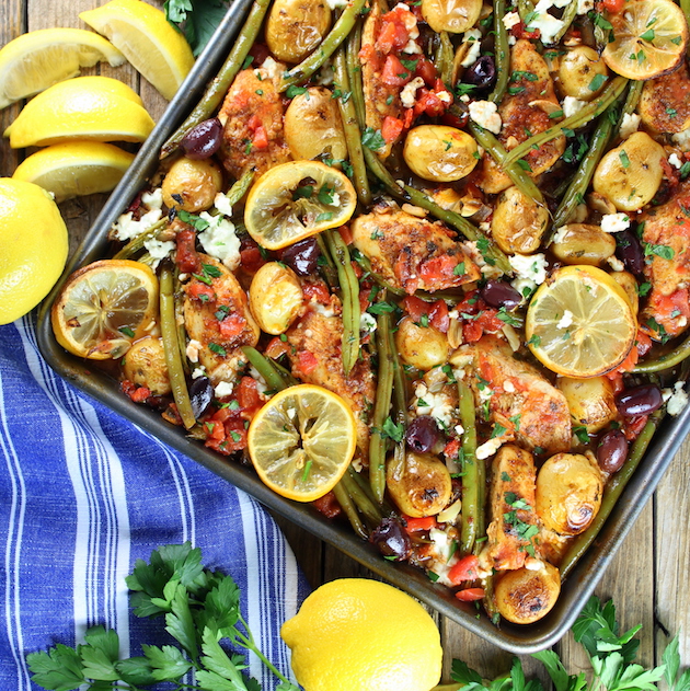 Greek Chicken Sheet Pan Dinner with Veggies and Feta