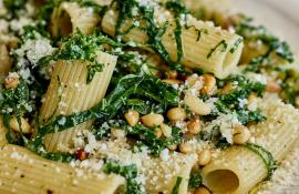 Rigatoni with Kale, Pecorino Cheese, and Pine Nuts