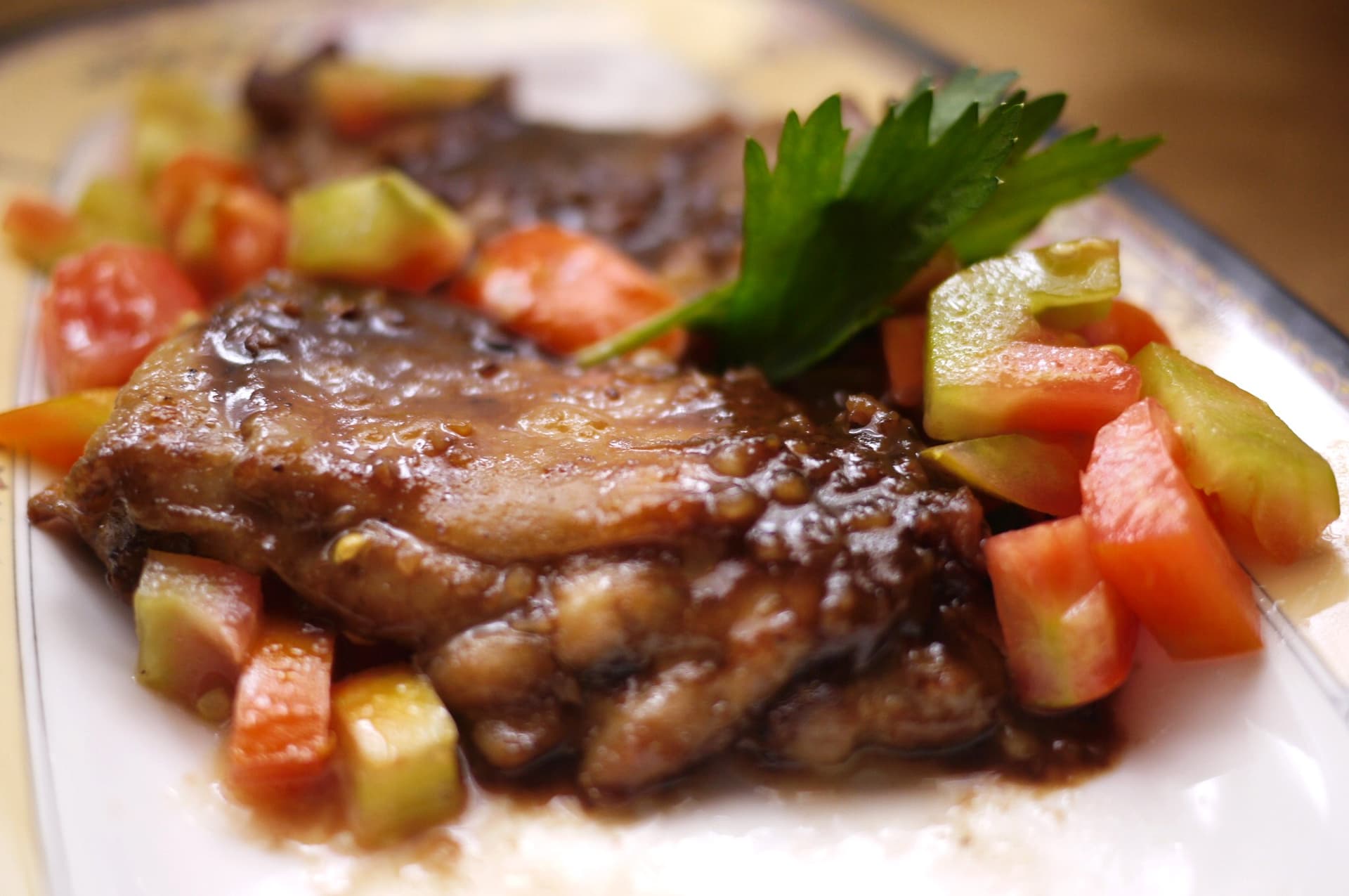 Baked Chicken Thighs with Satay Sauce and Tomato Salad