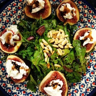 Salad of warm figs w goat cheese and balsamic glaze