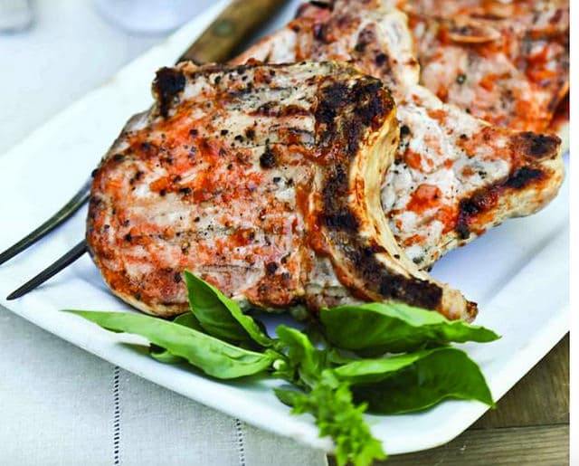 Bourbon Grilled Pork Chops  with Peach Barbecue Sauce