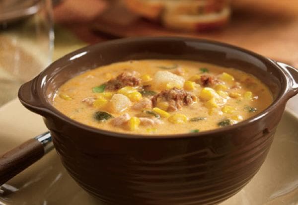 Slow Cooker Poblano Corn Chowder with Chicken and Chorizo