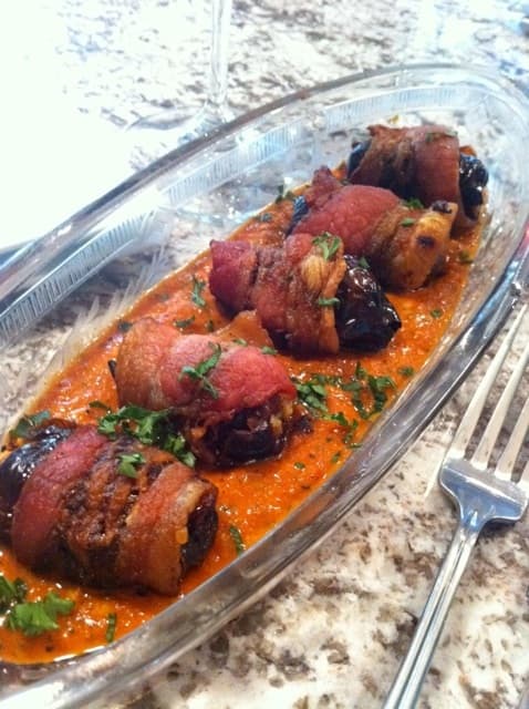 Bacon Wrapped Dates with Manchego, Romesco Sauce
