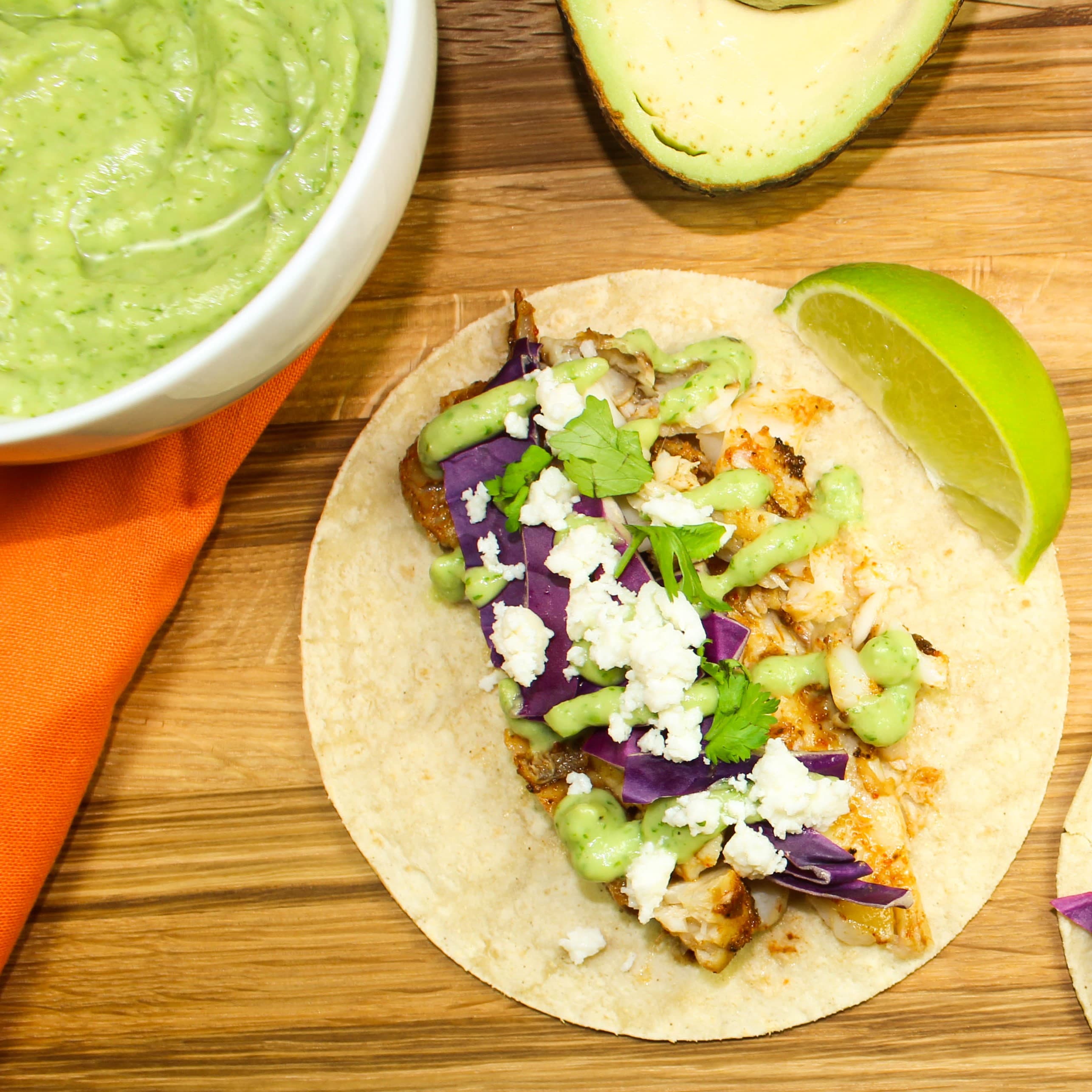 Skillet Fish Tacos w/Avocado Crema