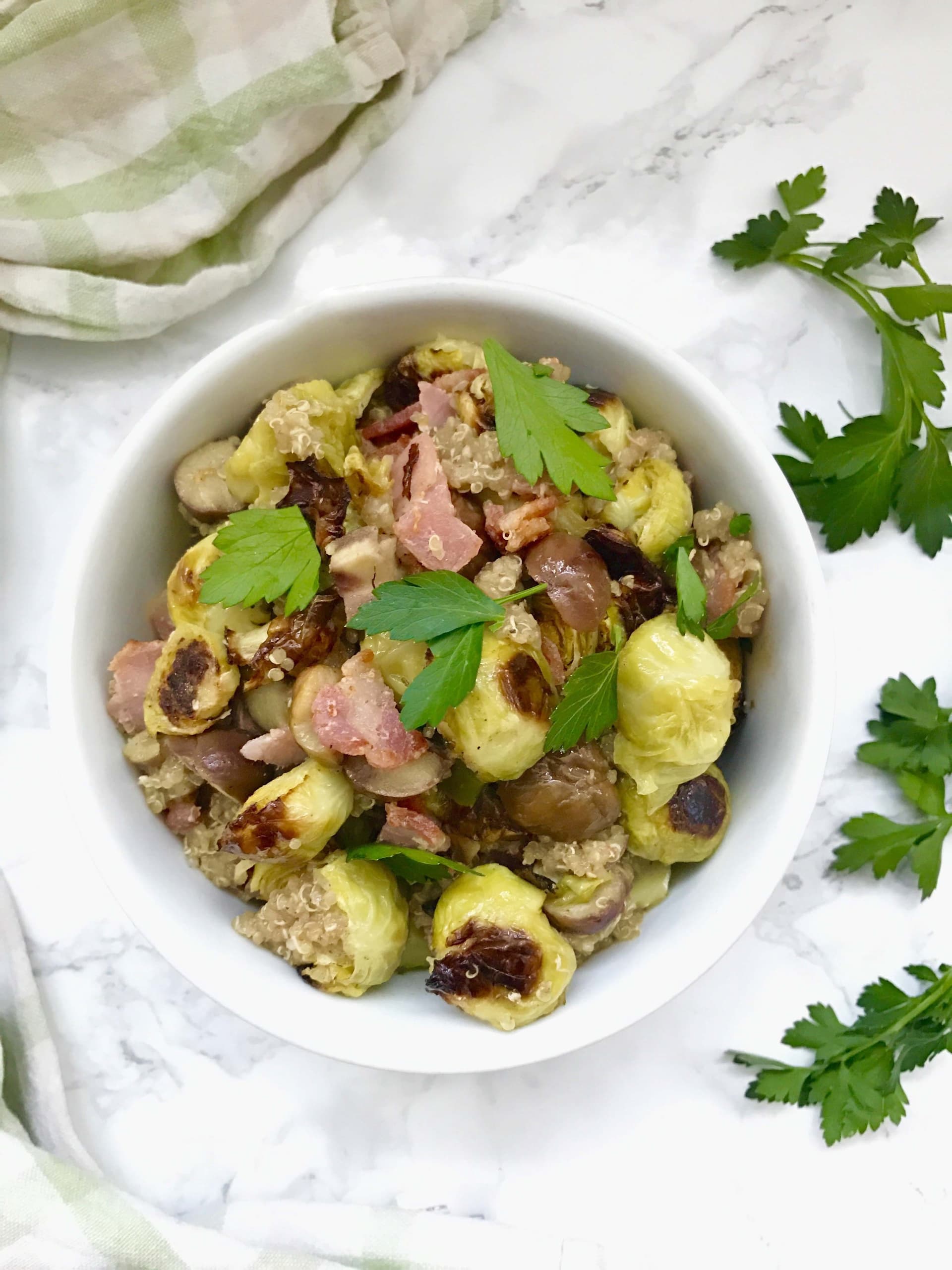 Oven Roasted Brussels Sprouts with Bacon, Chestnuts & Quinoa