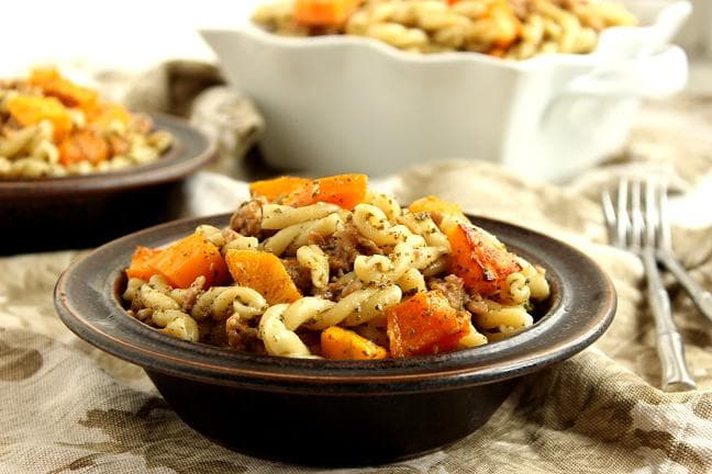 Pasta with Butternut Squash, Sausage and Sage Pesto