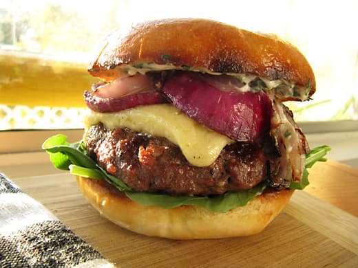 Grilled Chuck Burgers with Extra Sharp Cheddar and Lemon Garlic Aioli 