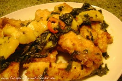Coconut Chicken Strips with Peaches & Spinach!!