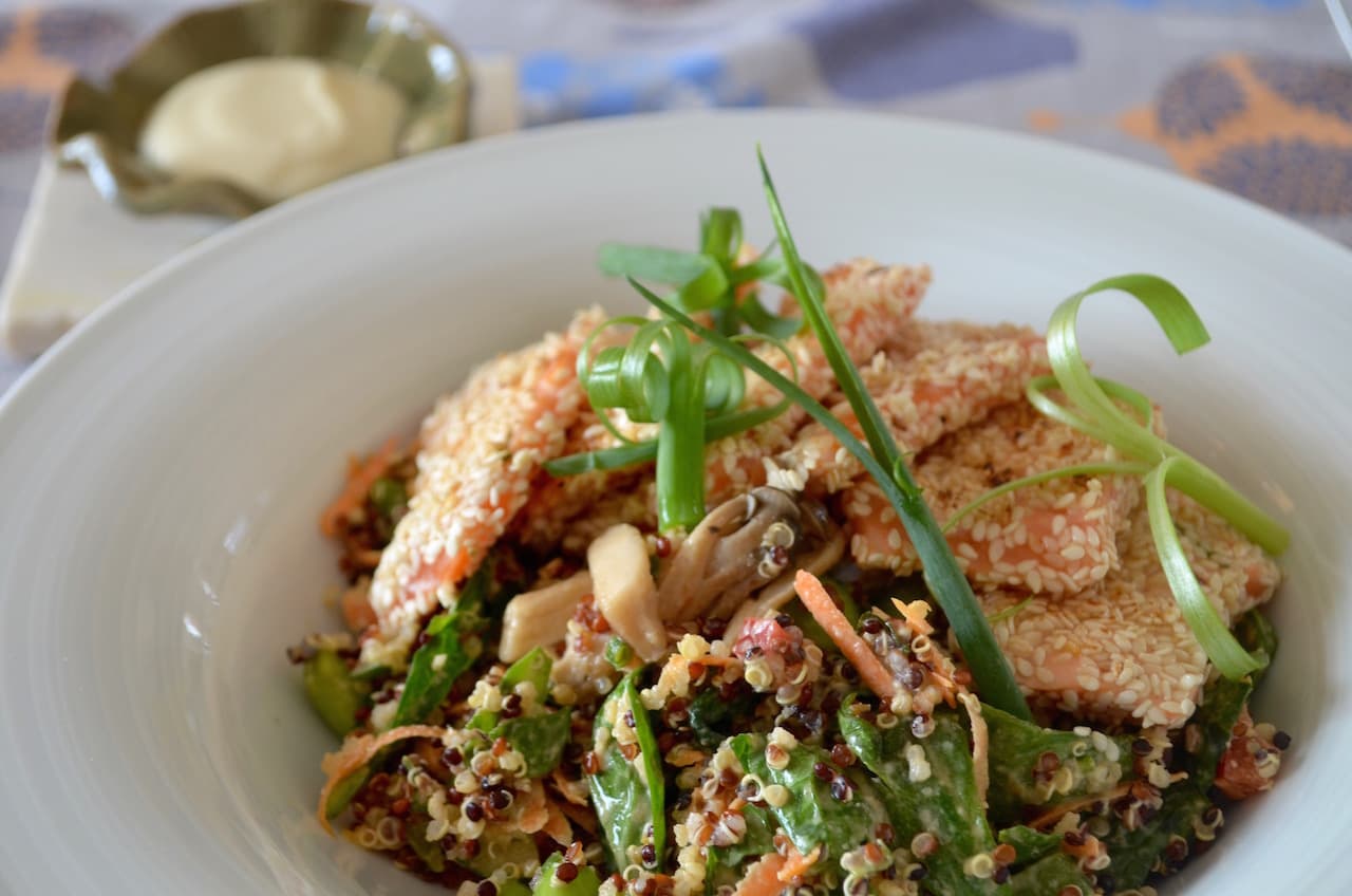 Healthy Quinoa Salad with Sesame-Crusted Salmon & Tahini Dressing