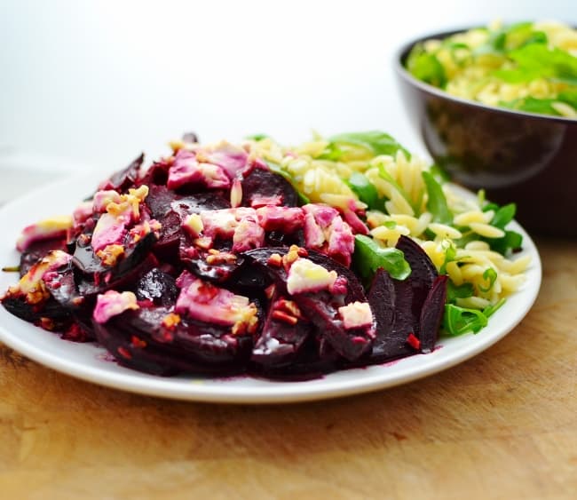 Baked beetroot and feta with orzo