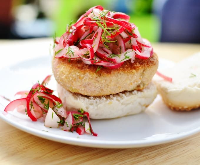 Salmon amaranth burgers with radish