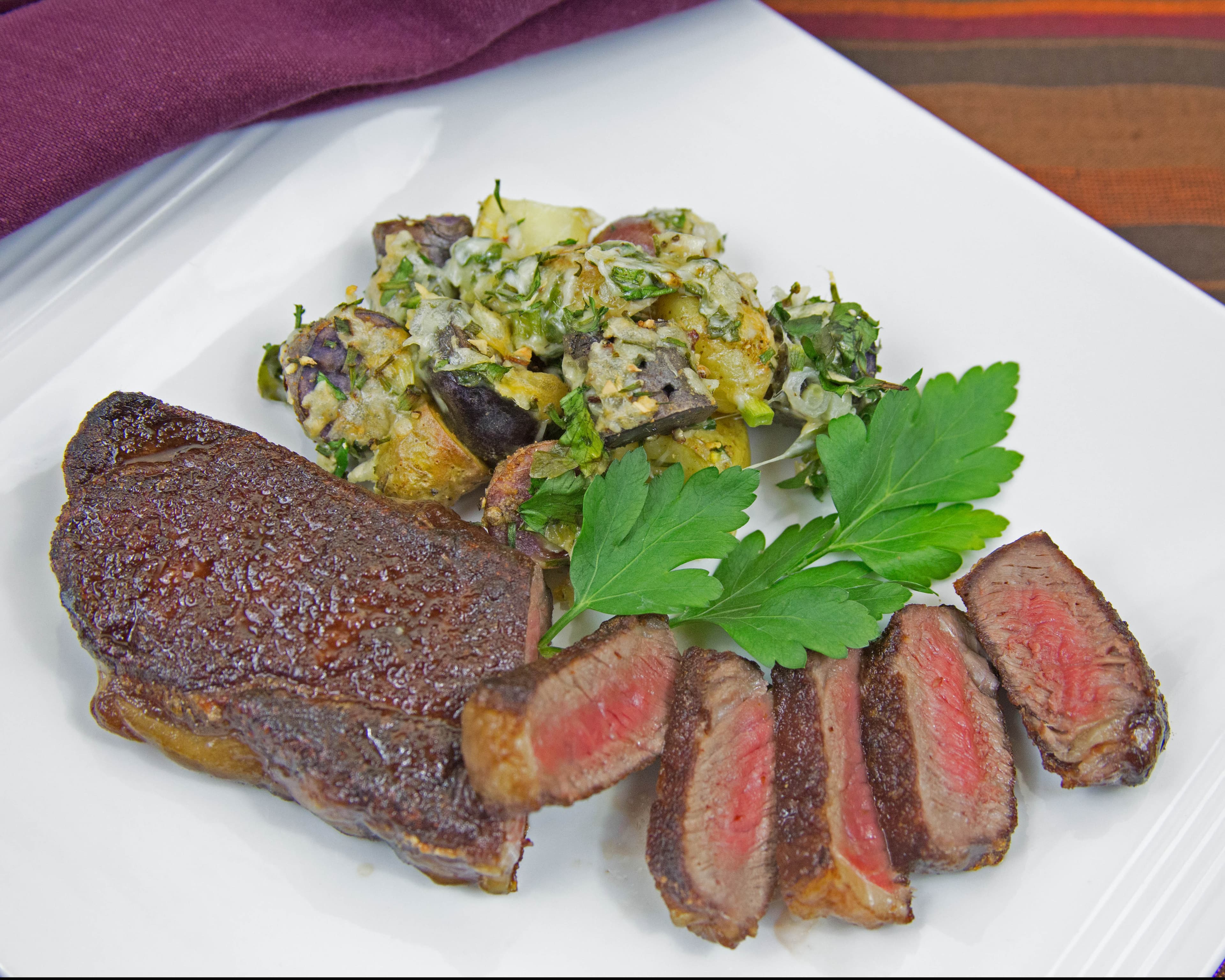 Home Made Dry-Aged Sirloin Steak with Cheesy Roast Fingerling Potatoes