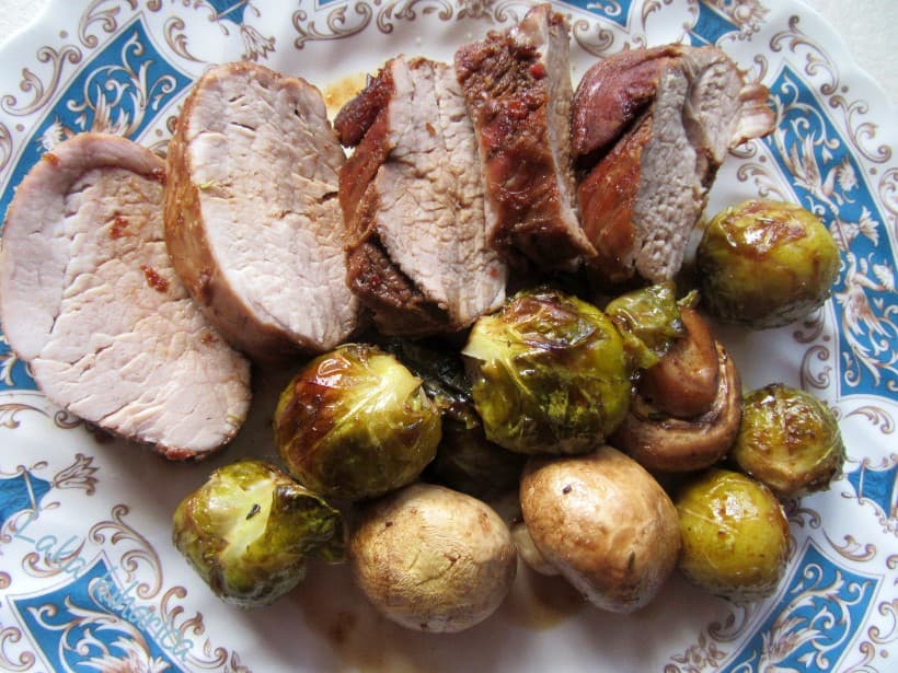 Pork tenderloin with Brussel sprouts and button mushrooms