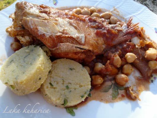 Scorpionfish with chickpeas and wine polenta