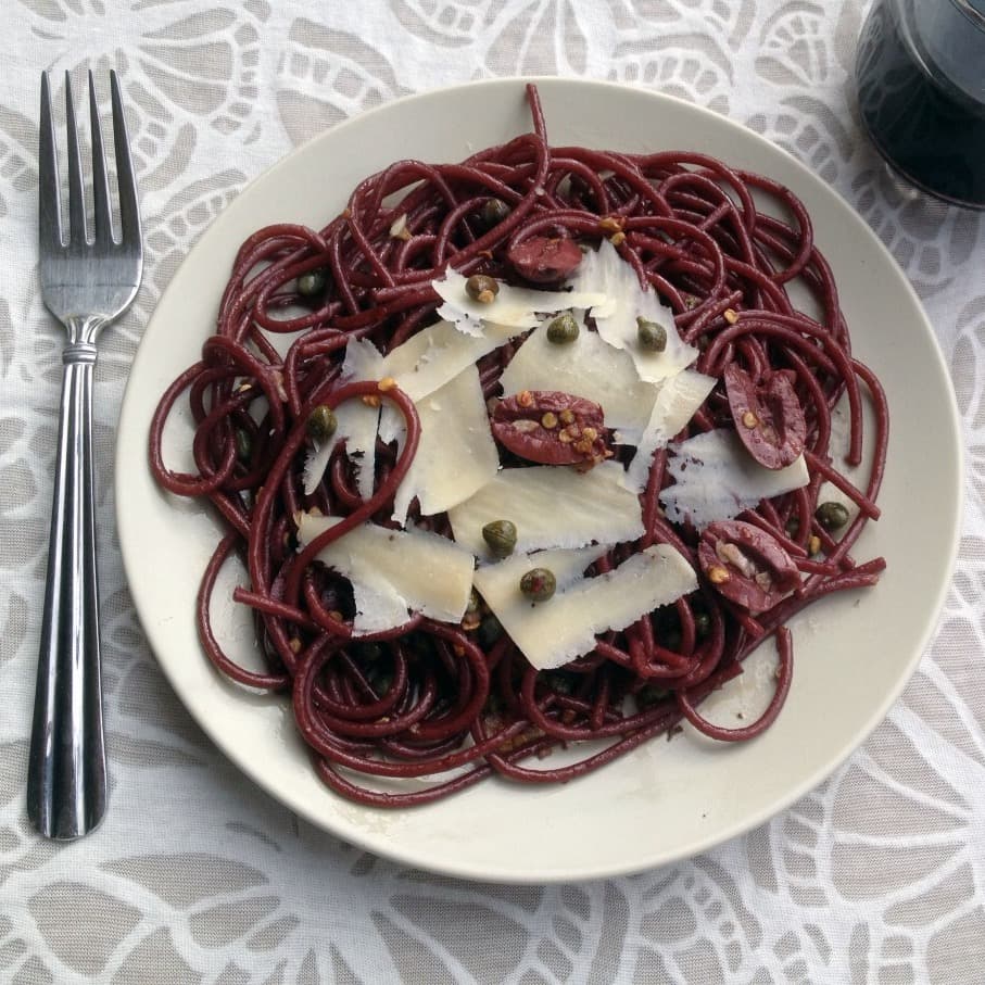 Drunken Spaghetti with Olives, Capers & Shaved Parmesan