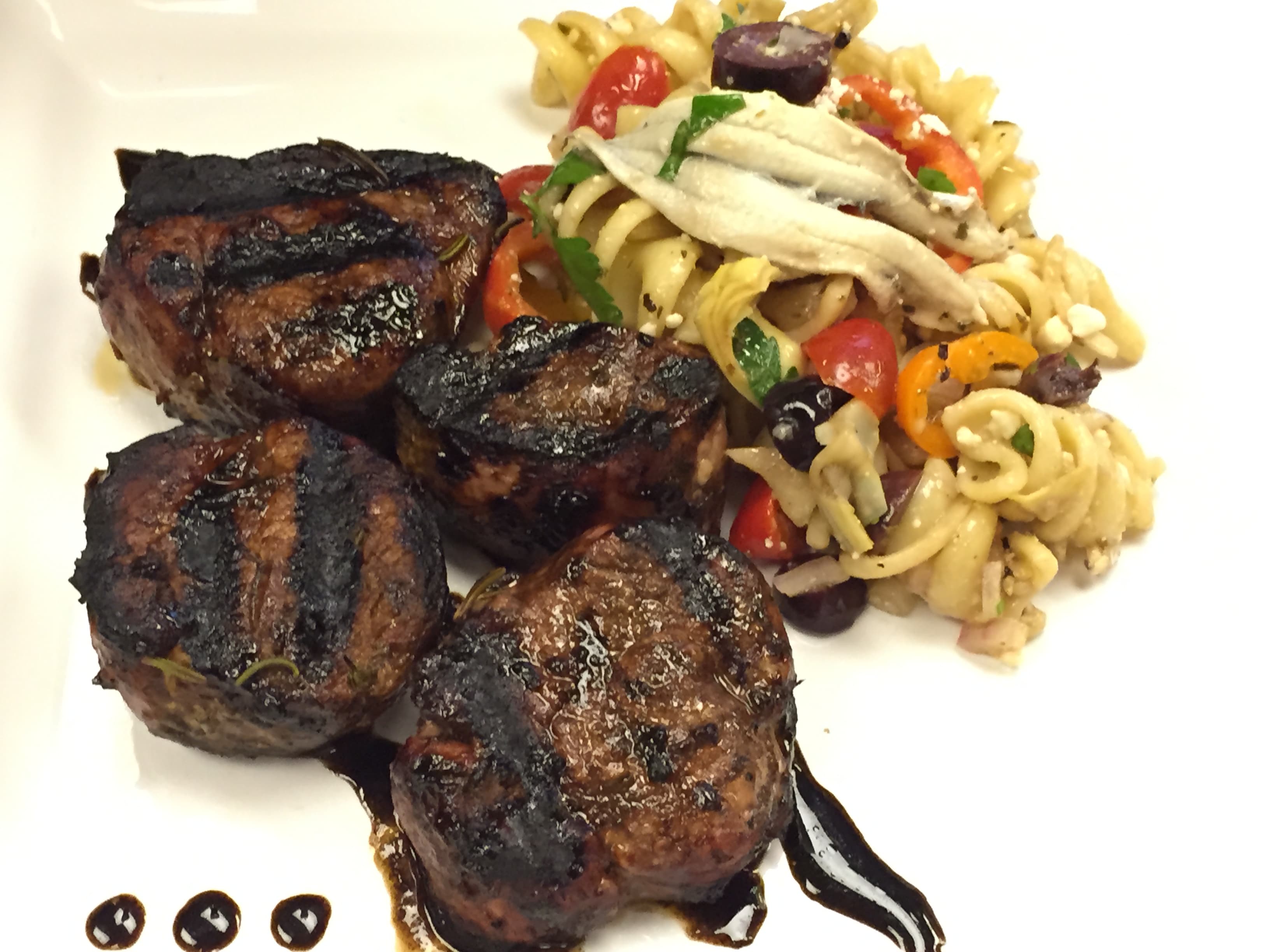 Grilled Pork Medallions with Honey - Balsamic Glaze and Pasta Salad