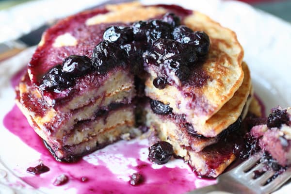 Lemon Scented Polenta Pancakes with Blueberry Thyme Syrup 