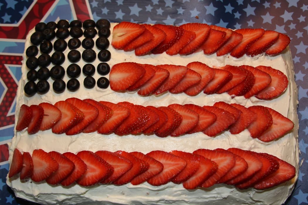 American Flag Fruit Filled Cake with Whipped Frosting