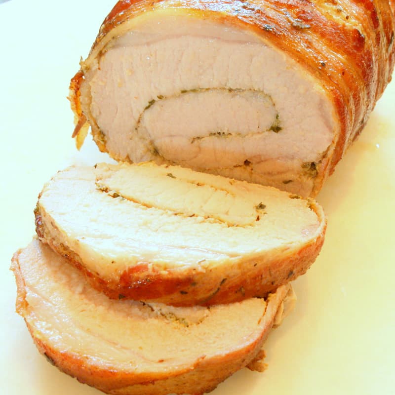 Mustard and Herb Stuffed Bacon Wrapped Pork Loin 