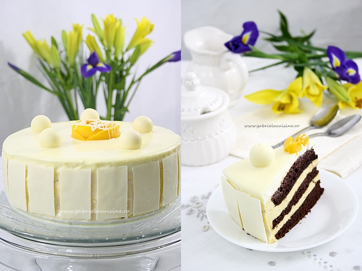 Cake with mango mousse and white chocolate