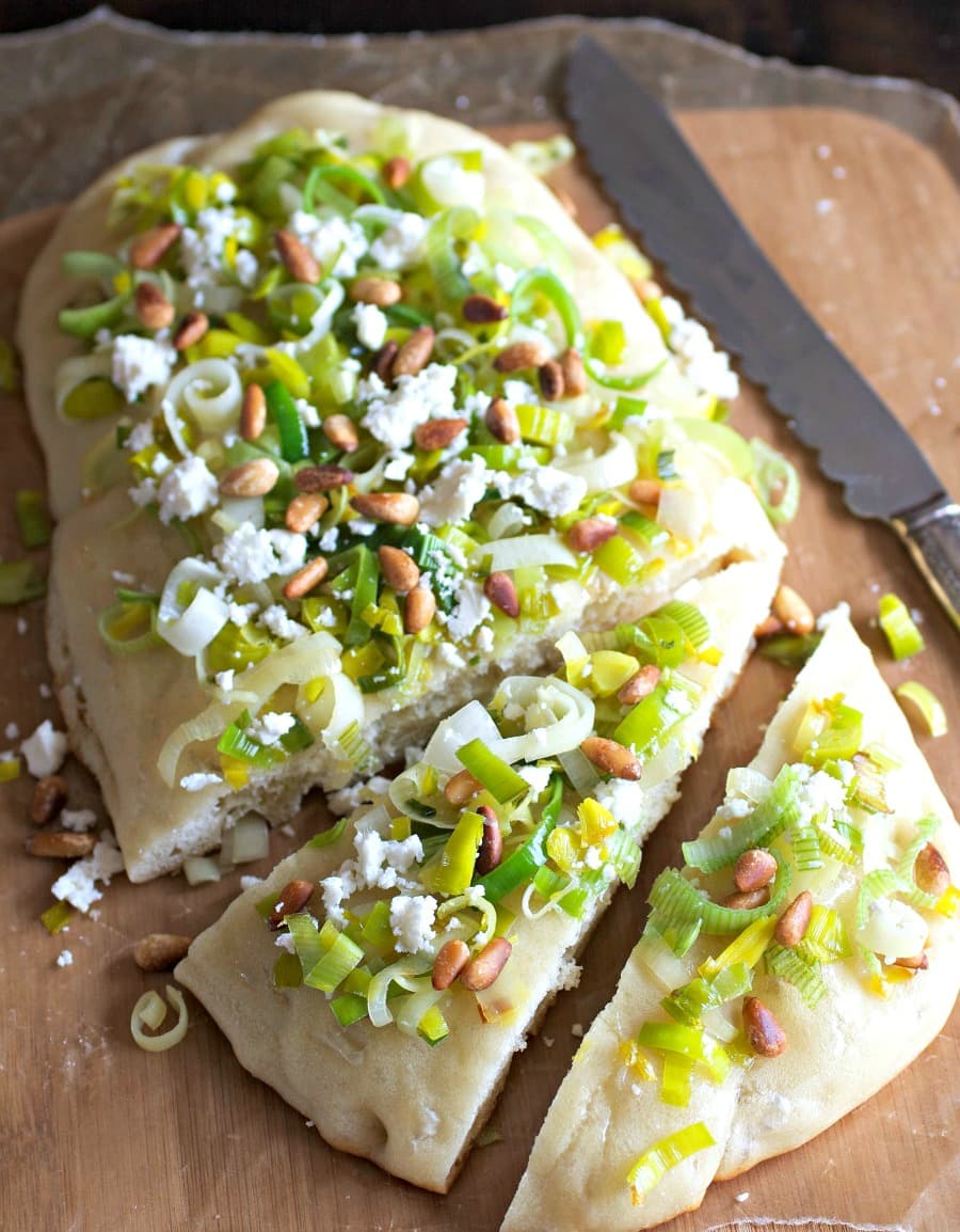 Leek Focaccia with Feta and Toasted Pine Nuts