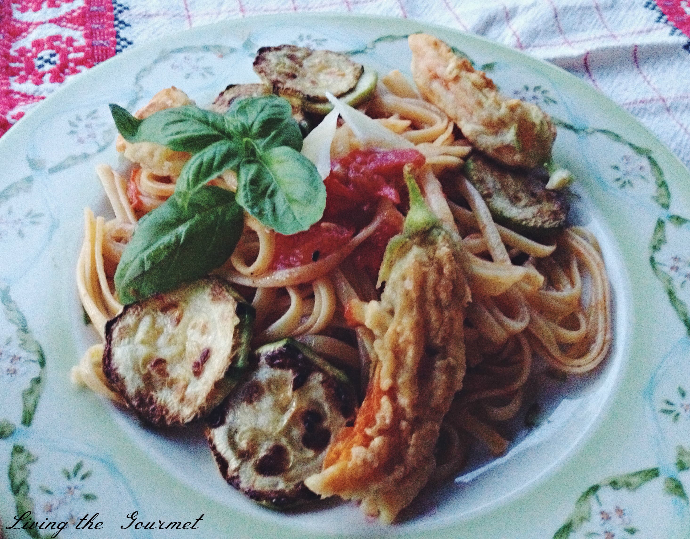 Lemon Fresh Spaghetti with Garden Sauce & Pumpkin Flowers