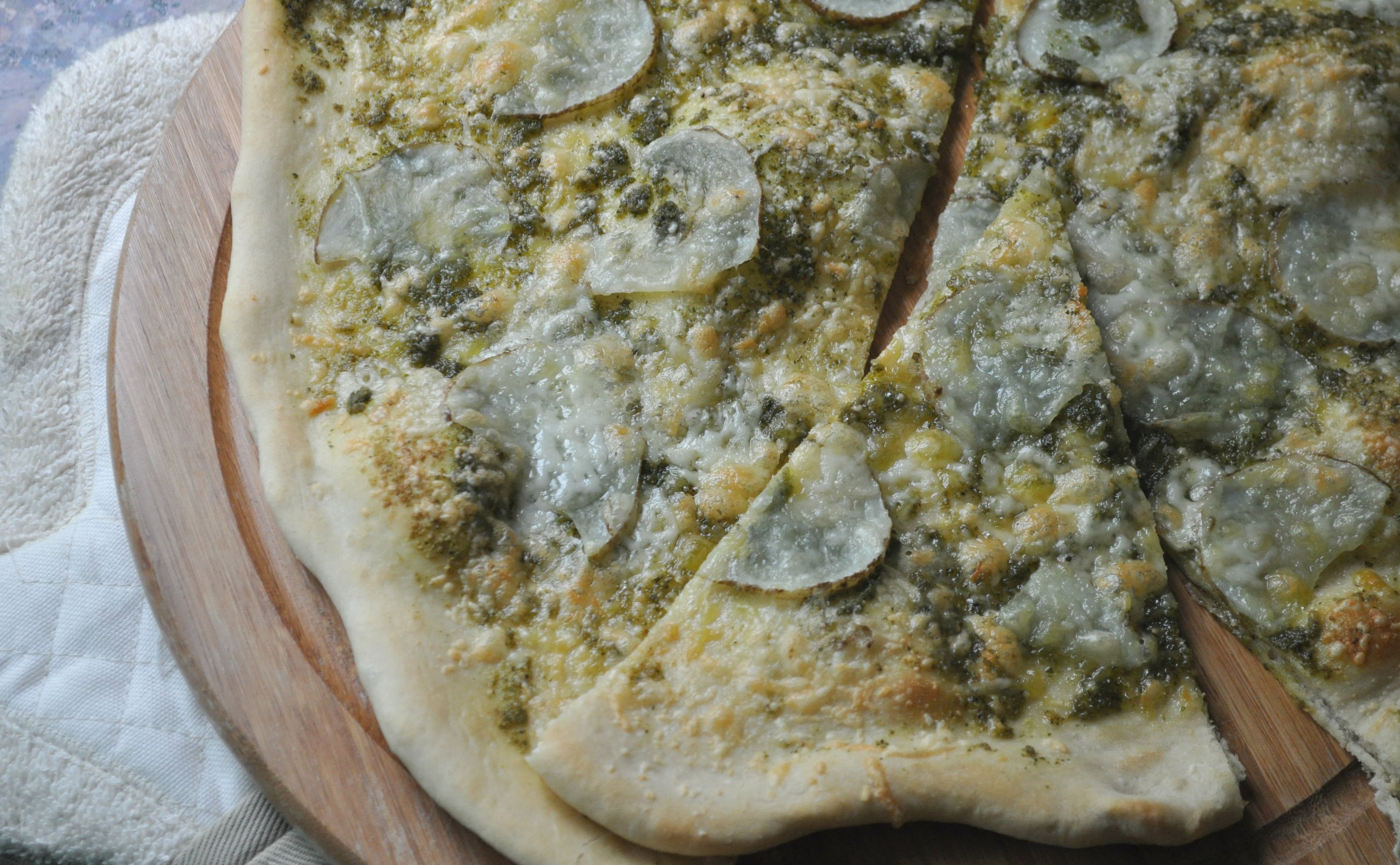 Homemade Thin Crust Pizza + Pesto + Potato 