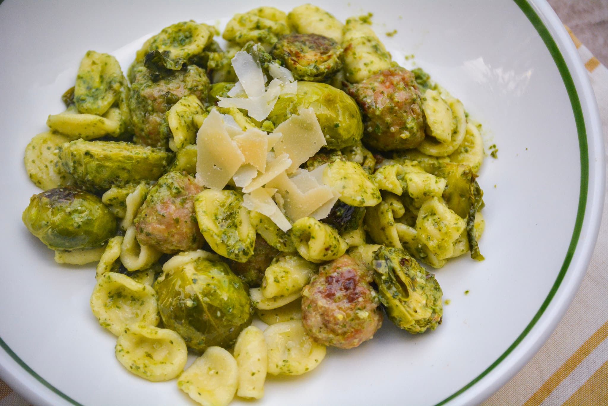 Orecchiette with Pesto, Brussel Sprouts and Italian Sausage