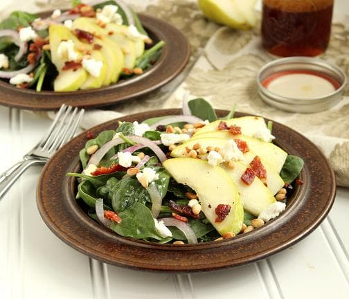 Pear, Goat Cheese and Spinach Salad with Warm Maple-Bacon Dressing