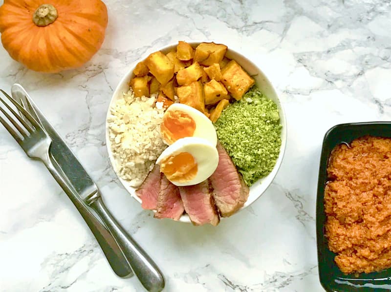 Paleo Roasted Pumpkin Salad Bowl with Homemade Sun-Dried Tomato Pesto