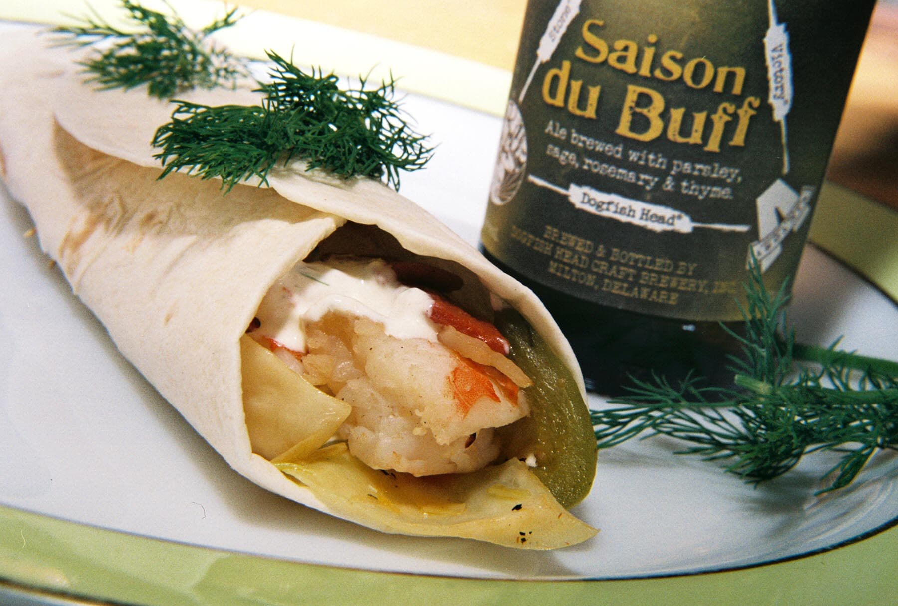 Dogfish Shrimp And Stir Fried Cabbage Fajitas With Sour Cream Dill Sauce
