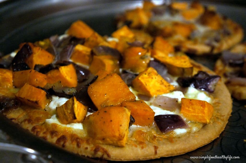 Whole Wheat No-Yeast Pizza with Roasted Garlic, Sweet Potatoes, and Onions