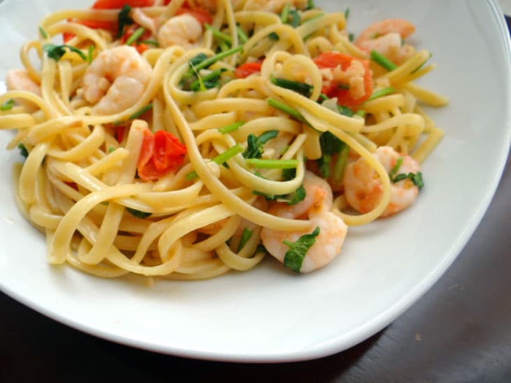 Shrimp pasta with white wine tomato cream sauce