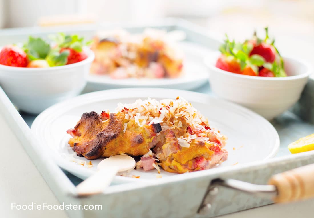 Strawberry And Vanilla Cream Bread Pudding with Toasted Coconut