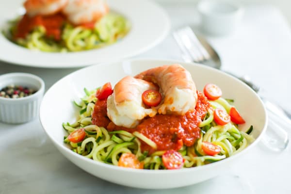 Zucchini noodles with Tomato Sauce and Shrimp