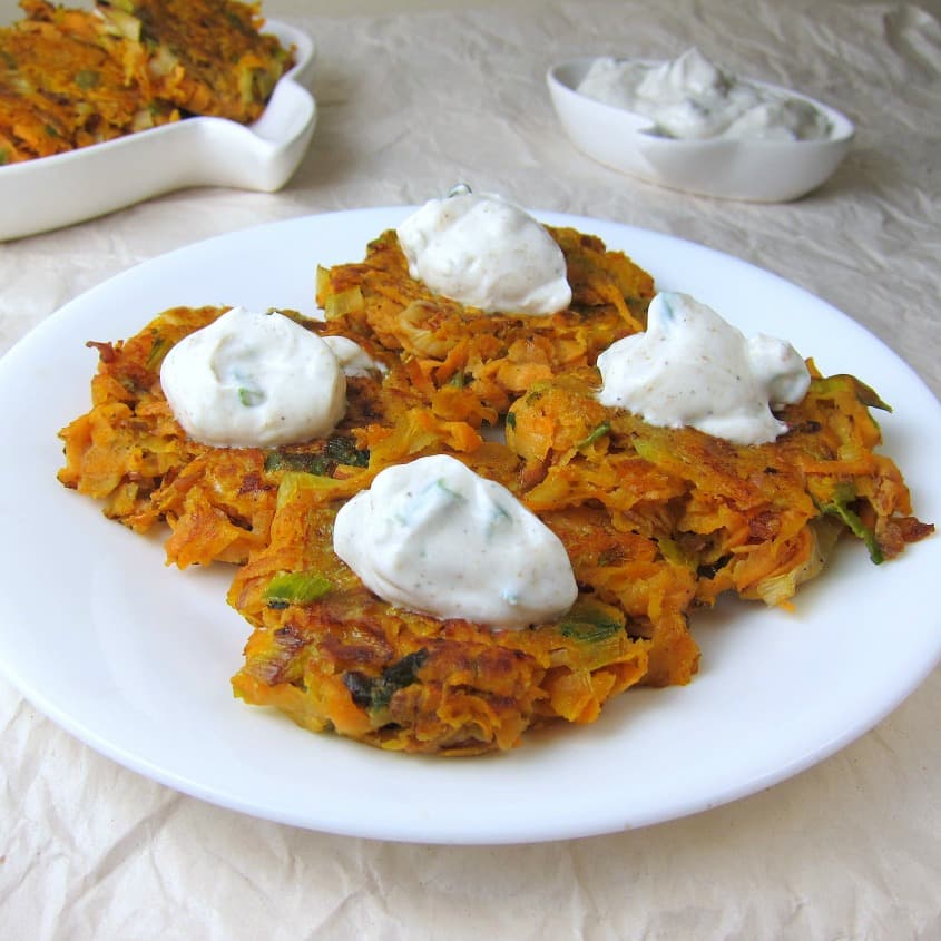 Sweet Potato Latkes with Cumin-Garlic Yogurt Topping