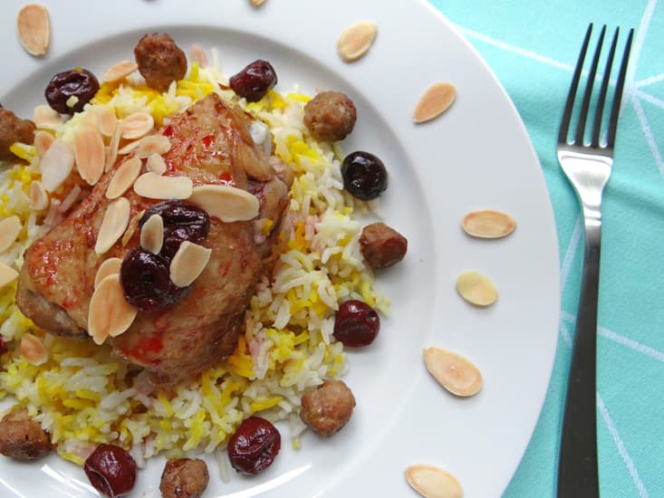 Iranian albalu polo (sour cherry rice)