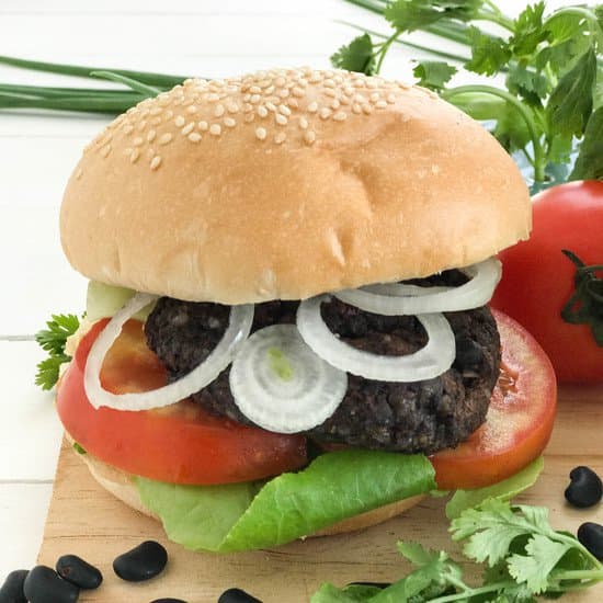 Black Bean Burger with Wild Mushrooms, Black Rice and Fresh Coriander