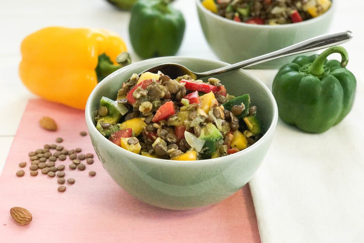 Brown Lentil Salad with Bell Pepper and Avocado