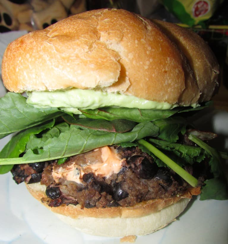 Chipotle Cheese Stuffed Black Bean Burgers with Avocado Creme