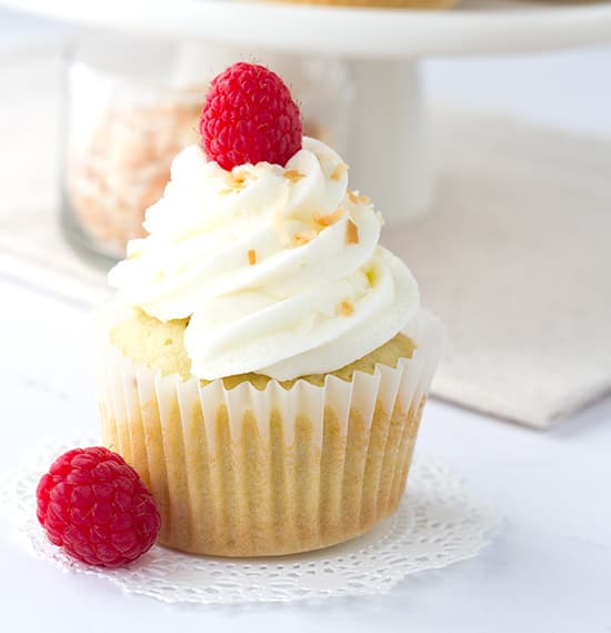 Coconut Cupcakes with Raspberry Filling