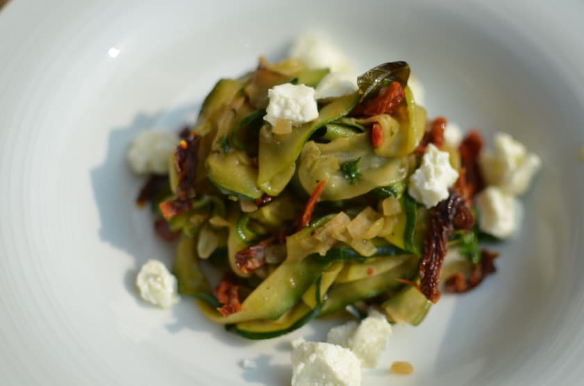 Zucchini Ribbons with Goat Cheese and Infused Herb & Chilli Oil
