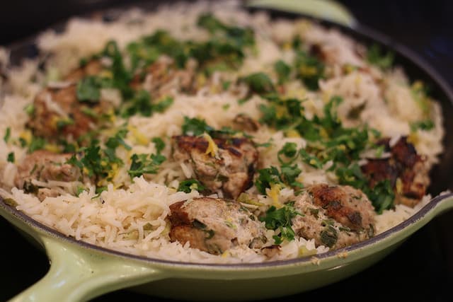 Easy One Skillet Turkey Meatballs with Fragrant Lemon Rice