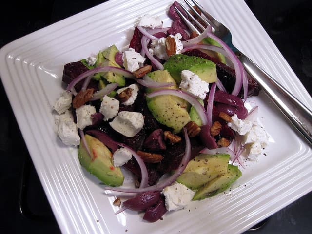 Roasted Beet Salad with Goat Cheese, Avocado & Olives 