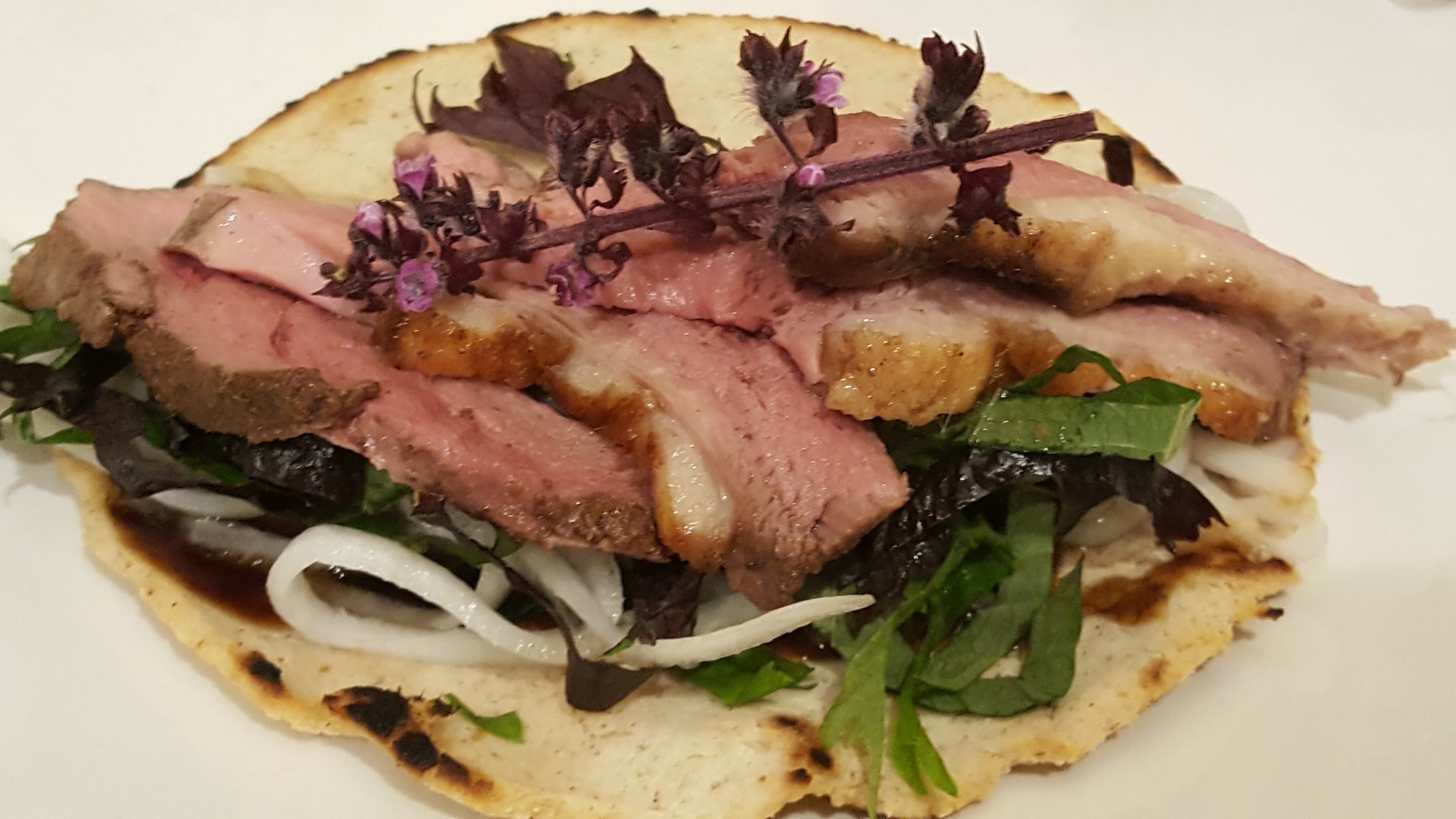 5-Spice Duck with Quick Pickled Daikon, Shiso and 5-Spice Tortillas