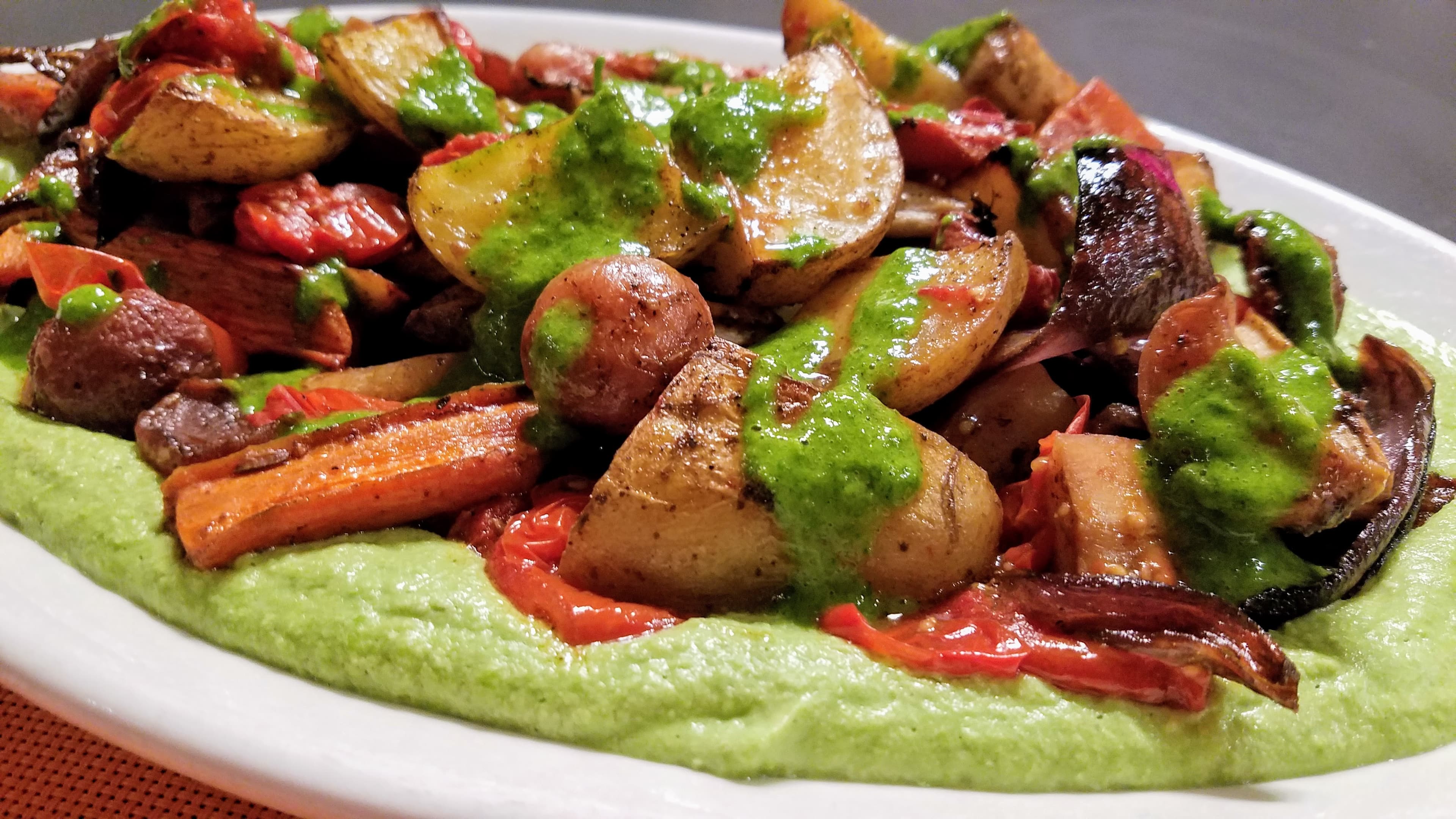 Roast Veg with Smashed Peas and Herb Sauce