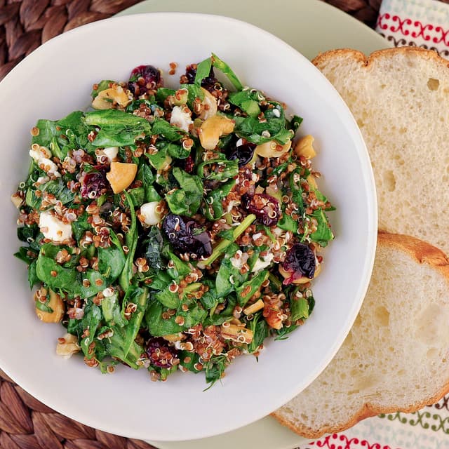 Spinach and Quinoa Salad with Toasted Cashews and Dried Cranberries
