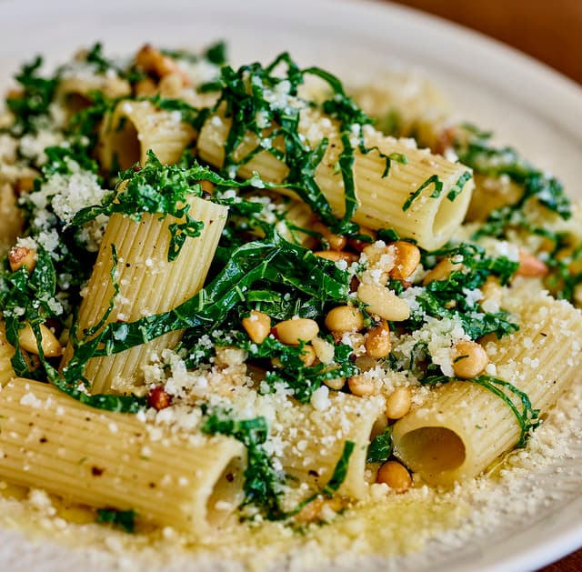 Rigatoni with Kale, Pecorino Cheese, and Pine Nuts
