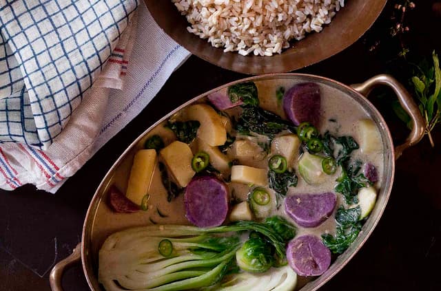 Coconut Curry Rice Bowl with Green Vegetables and Sweet Potatoes